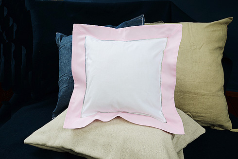 Hemstitch Square Baby Sham 12x12". White with Pink Lady Pink